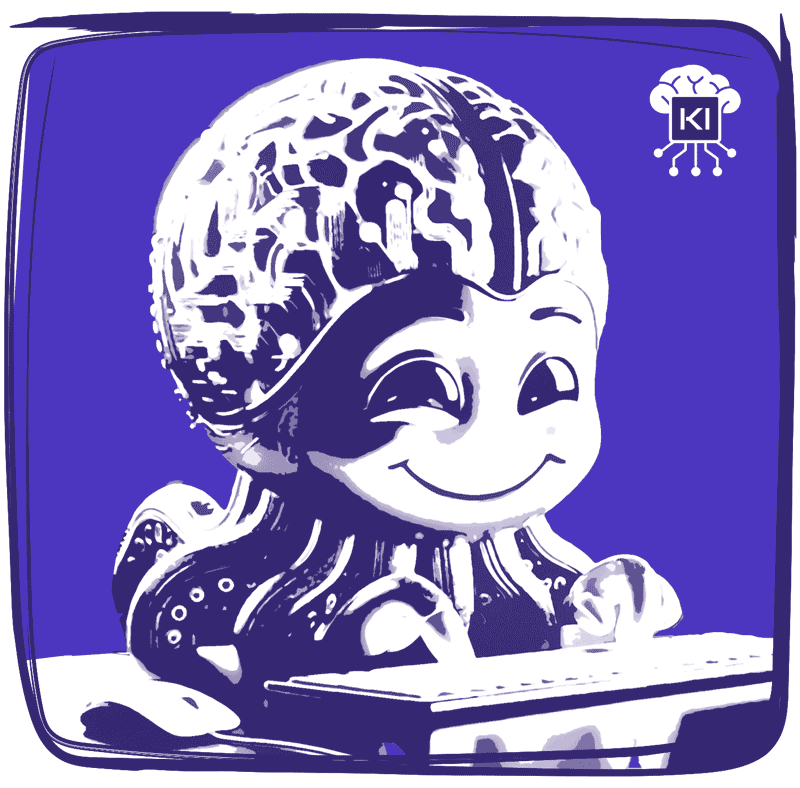 Ein charakterliche Darstellung der Herby-KI: Ein elektronisches Gehirn mit freundlichem Gesicht und Tentakeln, die einen Laptop bedient, um bei Webdesign Tätigkeiten zu unterstützen.