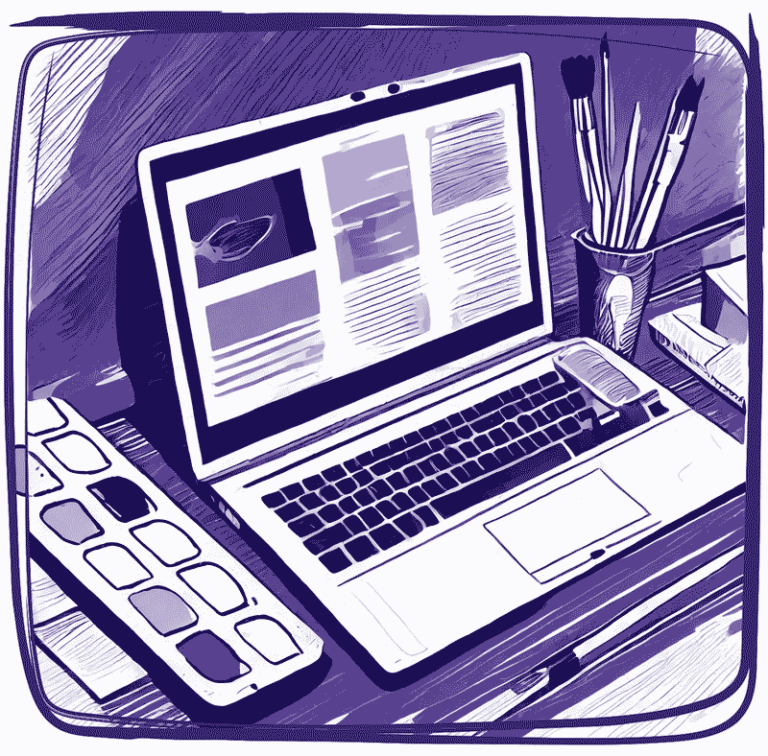 Grafische Darstellung eines Laptops mit Pinseln und Tuschkasten daneben im Sinnbild von einem kreativen Website Workshop.